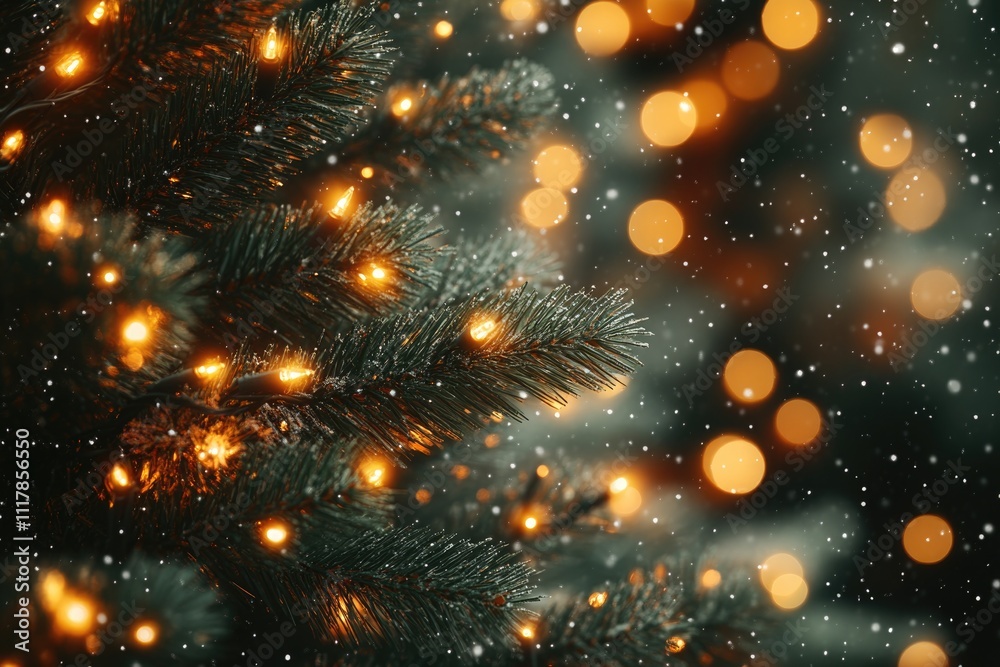 Poster a close-up shot of a christmas tree with twinkling lights in the background