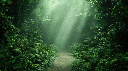Fototapeta premium A serene forest path illuminated by soft rays of light and surrounded by lush greenery.