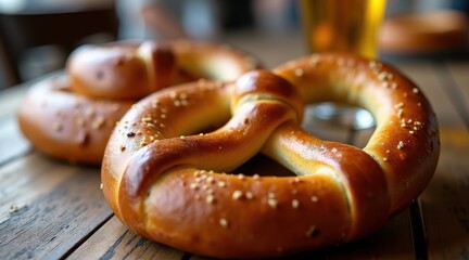 Golden pretzels with salt on a rustic wooden table, illuminated by soft natural light, showcasing their appetizing texture and inviting warmth