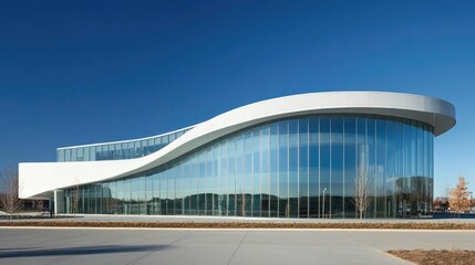 A modern building with curved glass walls reflecting the sky against a clear blue backdrop.