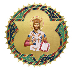Obraz premium Jesus the greatest Bishop sitting on the throne. Religious decorative sun- dome. Illustration in Byzantine style isolated