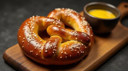 Fototapeta premium Freshly baked golden-brown pretzel with salt, served on a wooden board with a cup of cheese sauce, perfect for snack enthusiasts and home chefs