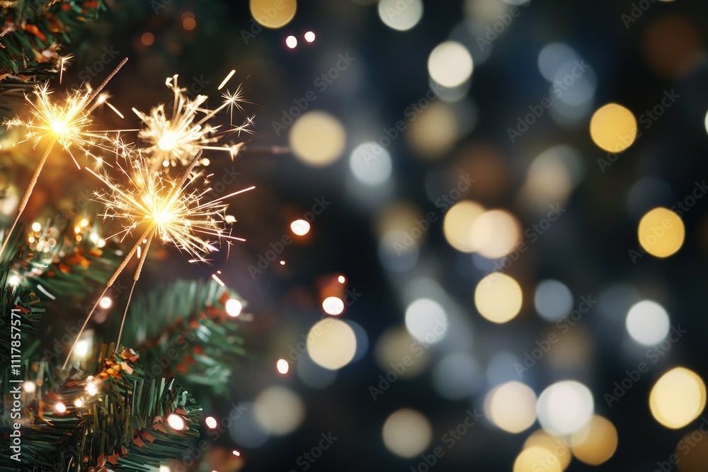 Poster close-up view of a sparkler on a decorated christmas tree