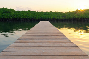 Obraz premium peaceful boardwalk through mangrove at sunset, reflecting warm colors on water. serene atmosphere invites relaxation and connection with nature