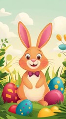 Obraz premium Easter Bunny and Eggs: A charming illustration depicts a delightful Easter Bunny surrounded by colorful decorated eggs in a vibrant garden setting.