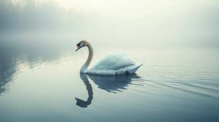 lone swan gliding gracefully across still pond, surrounded by serene mist. tranquil scene evokes sense of peace and beauty in nature
