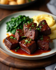 Juicy glazed beef cubes served with creamy mashed potatoes and vibrant green spinach on a plate