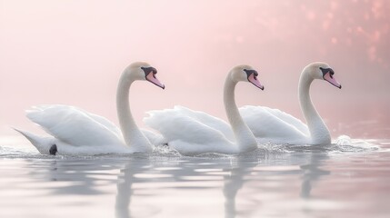 Three Graceful Swans Swimming in a Serene Pink Dawn Lake - Elegant Wildlife Photography