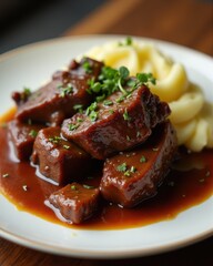 Braised beef in rich gravy garnished with fresh herbs, served alongside creamy mashed potatoes on a white plate