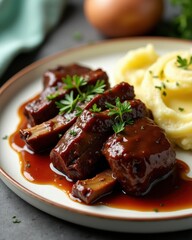 Braised short ribs in rich sauce paired with creamy mashed potatoes garnished with fresh herbs on a plate