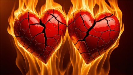 Cracked red hearts engulfed in flames symbolize passion and heartbreak during intense emotions