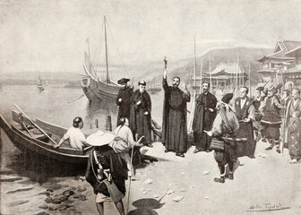 San Francisco Javier disembarks in Kagoshima August 15, 1549, Painted by W. Tyndale