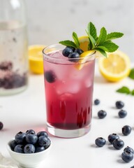 Refreshing blueberry lemonade in a glass garnished with fresh mint and lemon slice, surrounded by whole blueberries and lemons on a white background
