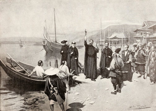 San Francisco Javier disembarks in Kagoshima August 15, 1549, Painted by W. Tyndale