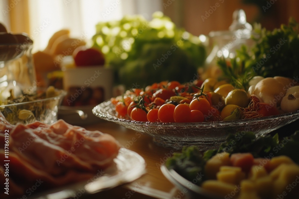 Poster A table filled with many different types of food, perfect for a party or event