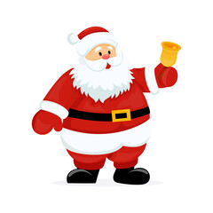 Cute Happy Santa Character with White Beard and Red Hat Hold Bell Vector Illustration.