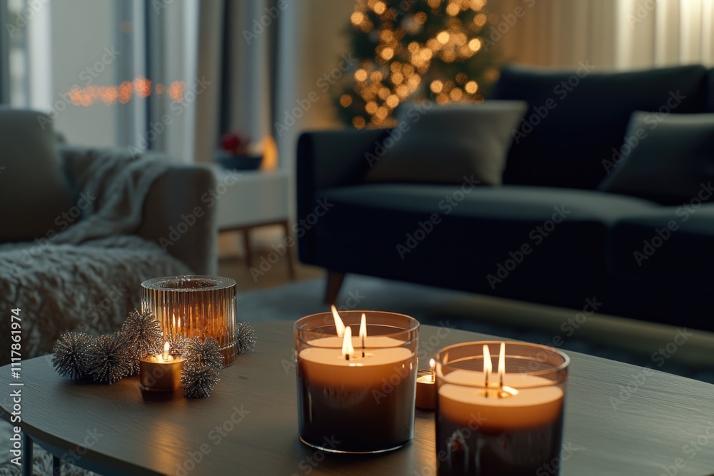 Poster three lit candles sit on a coffee table in front of a christmas tree