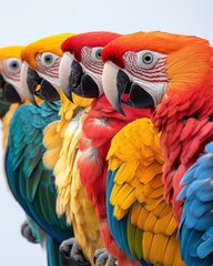 Fototapeta premium Vibrant Close-up of Four Macaws Scarlet, Blue-and-gold, and Sun Conures - Colorful Parrot Feathers Texture