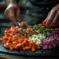 A chef prepares fresh ingredients on a stone surface for a culinary dish.