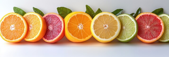 Vibrant Citrus Fruit Halves with Green Leaves Orange, Grapefruit, Lemon, Lime Slices - Fresh, Healthy, and Juicy