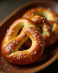 Freshly baked pretzels sprinkled with coarse salt are artfully arranged in a wooden dish, highlighting their golden-brown crust and soft texture
