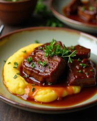 Braised beef with rich tomato sauce served on creamy mashed potatoes garnished with fresh herbs in a rustic bowl