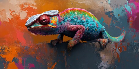 A vibrant, colorful chameleon against an abstract, painted background.