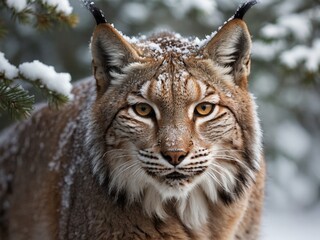 Fototapeta premium Beautiful lynx observing its snowy forest habitat during winter season