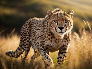 Fototapeta premium Cheetah prowls through tall grass in golden evening light during a serene savanna moment