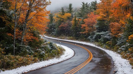 Fototapeta premium Winding Road Through a Forest with Orange Trees and Snow. AI generated illustration