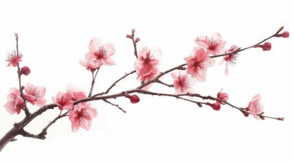 a single cherry blossom branch with a white background, sumi e, vibrant colors, high detail, cinematic lighting, photography, 