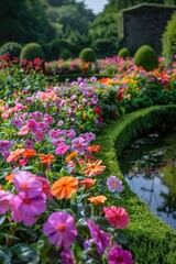 A vibrant and lively garden filled with many different types of colorful flowers, perfect for use in designs related to nature, spring, or gardening