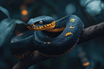 Fototapeta premium Jungle Predator: Black and Yellow Pit Viper Coiled and Ready to Strike in Stunning Detail