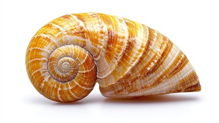 Spiral Shell with Orange and White Patterns on a White Background