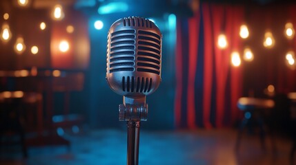 Retro microphone on stage with lights and blurred background.