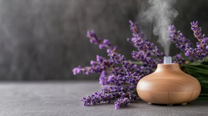 Aromatherapy Diffuser with Lavender Flowers on Gray Background