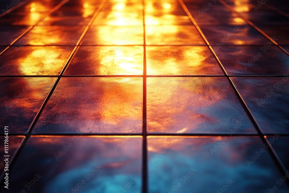 Poster A tiled floor with the sun's reflection creating a warm and inviting atmosphere