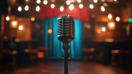 Vintage microphone on stage with bokeh lights.