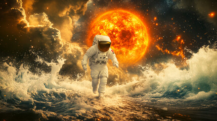Fototapeta premium Surreal composition of an astronaut walking on a turbulent ocean surface, with big celestial bodies above