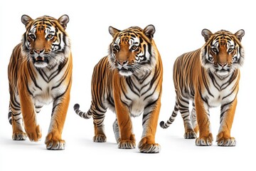Obraz premium Three Majestic Tigers Walking Stunning High-Resolution Images of Bengal Tigers in Motion, Isolated on White Background