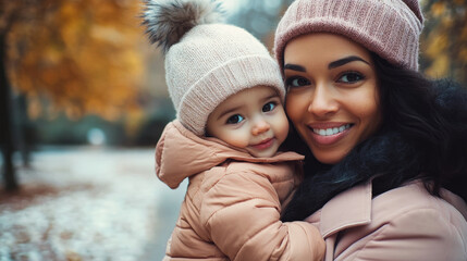 A happy young mother with her baby daughter in the park