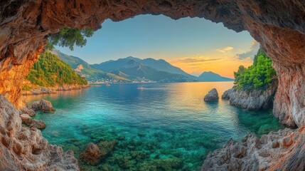 Obraz premium Scenic coastal view from a cave.