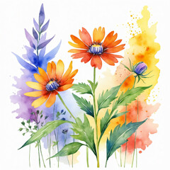 Watercolor Painting of Vibrant Wildflowers Isolated on a White Background, Elegant Floral Art