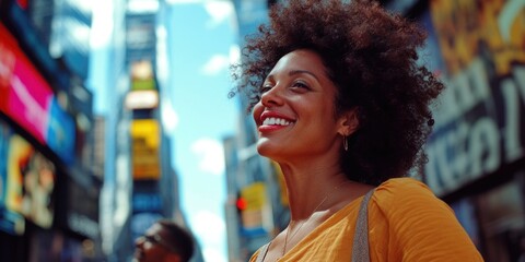 Obraz premium A happy woman wearing a yellow shirt smiles in an urban environment