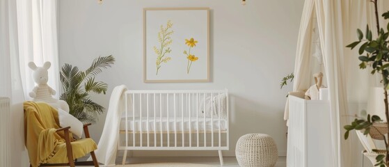 Bright white nursery with yellow accents, crib, flowers, and plants. Cozy and welcoming atmosphere with easy chair and blanket.