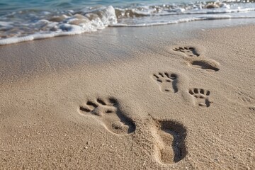 Footprints on a sandy beach near the ocean, perfect for travel or adventure concepts