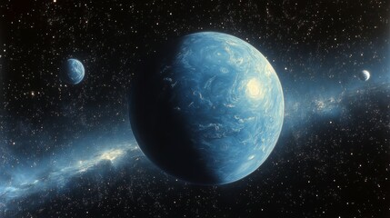 Obraz premium View of Neptune showcasing its deep blue hue illuminated by distant stars