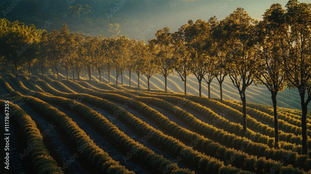 Poster image of a row of trees in a field of crops, great for agriculture or landscape use