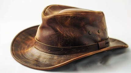 A close-up shot of a brown leather hat sitting on a white surface