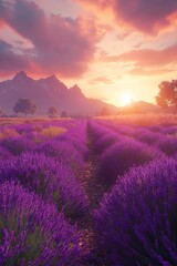 Fototapeta premium A breathtaking sunset over vibrant lavender fields, surrounded by majestic mountains and colorful sky.